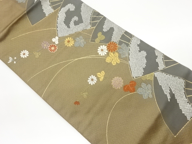 扇に秋草模様織り出し名古屋帯